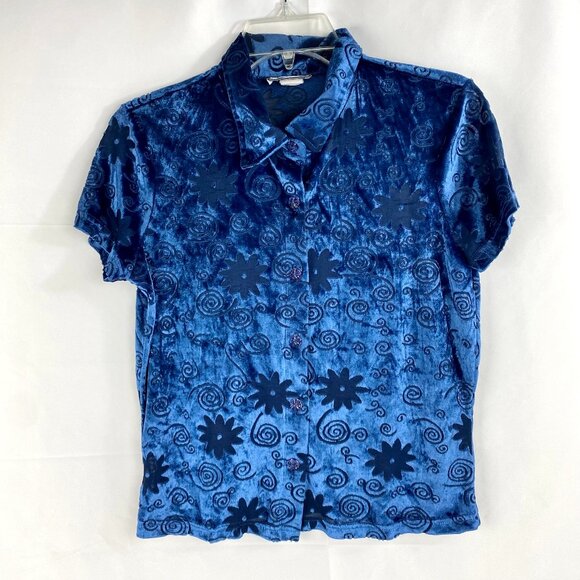 Aqua Blues Short Sleeve Shirt Blouse Women's M Rayon Blend See Through Velvet - Picture 1 of 8